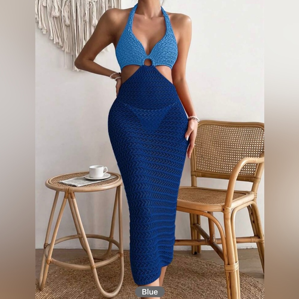 Colorblock Ring Linked Cut Out Tie Backless Halter Neck Cover Up Dress, Sz:4